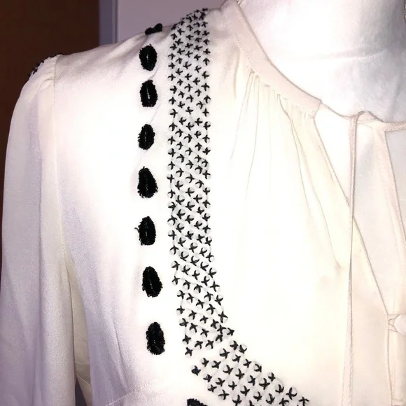 Altuzarra Peasant Blouse Size 4 Tie Embroidered Silk Made In Italy White Black - Picture 12 of 14